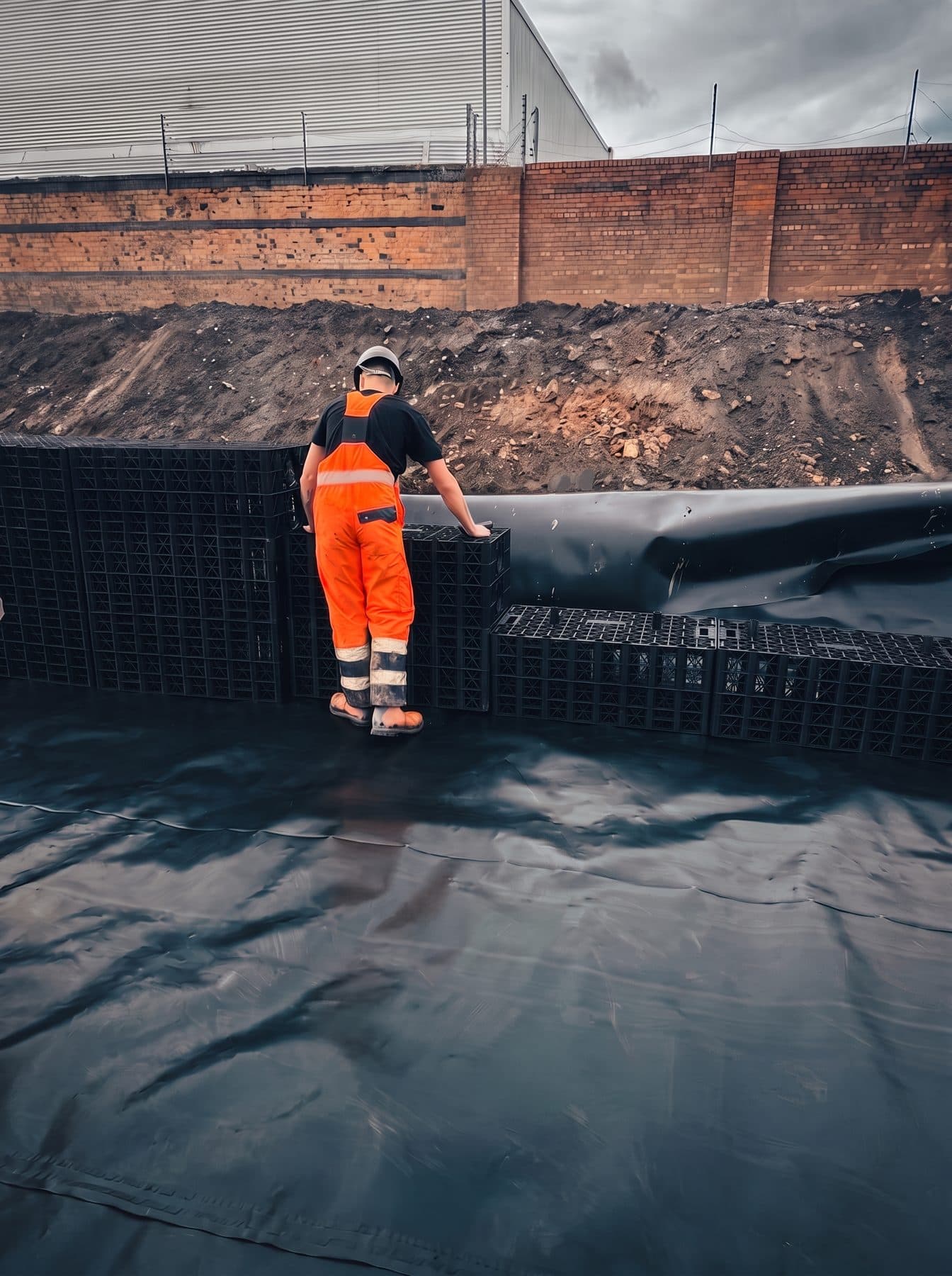 Operative hand-placing a geocellular crate onto a lined tank base