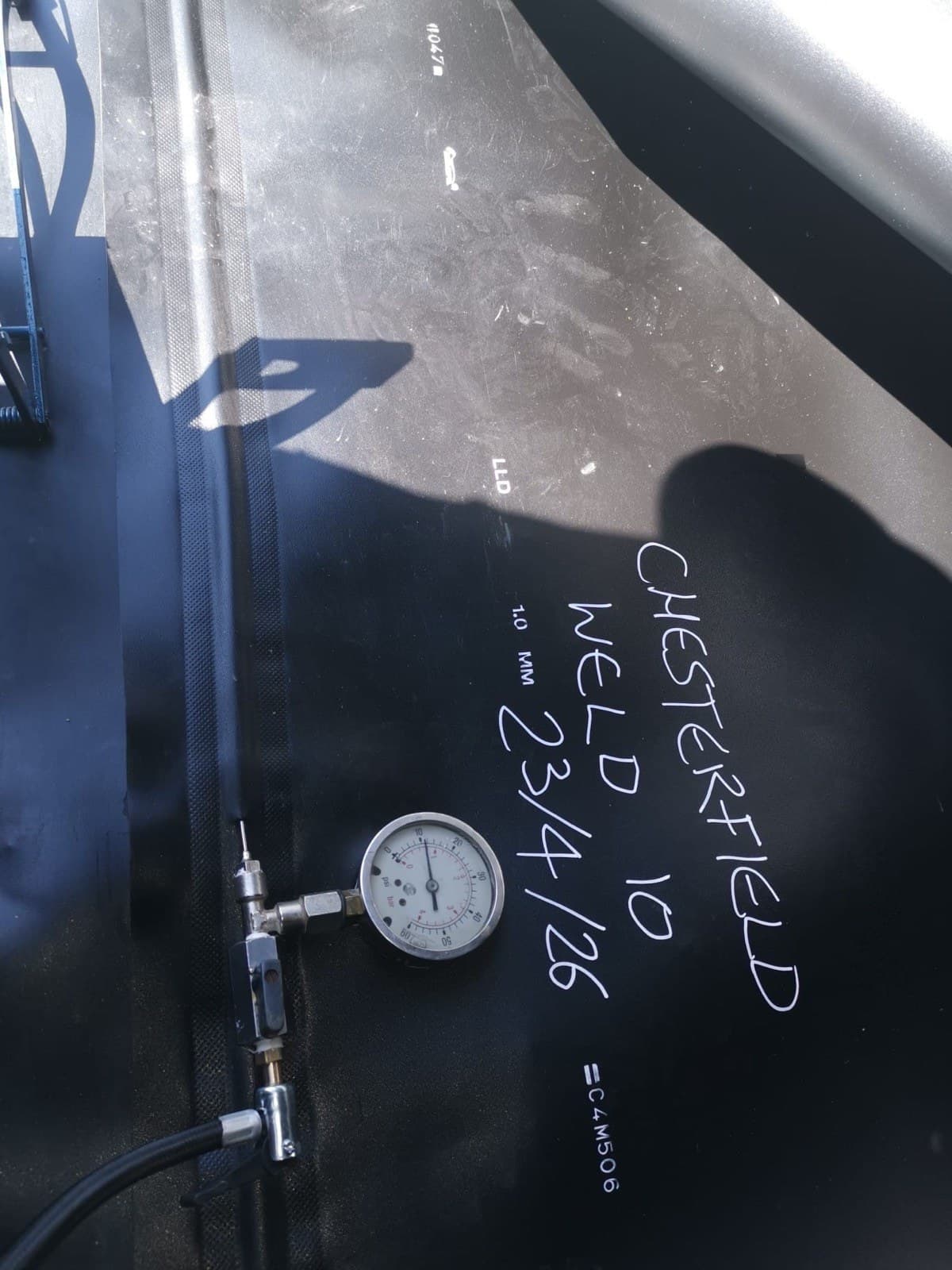 Pressure-test gauge on the membrane marked 'Chesterfield Weld 10'